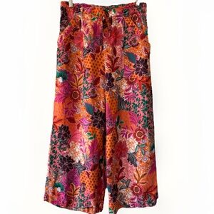 Loft Patchwork Bloom Linen Blend Pants Small Floral Wide Leg Cropped Tropical